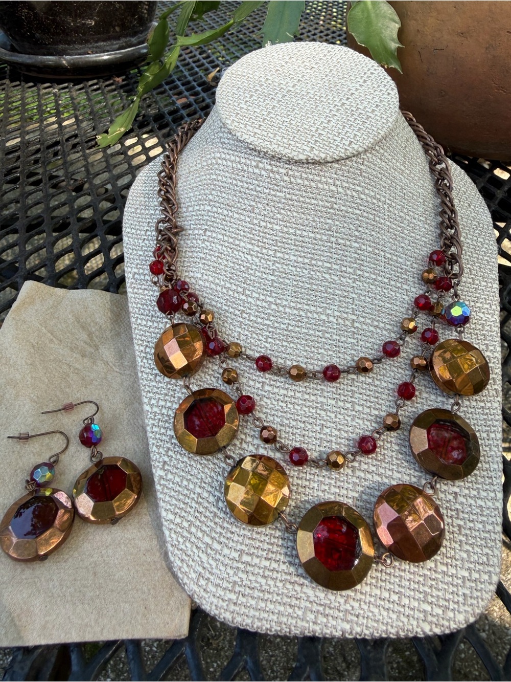 Multi-Strand Red and Gold Statement Necklace with Matching Earrings